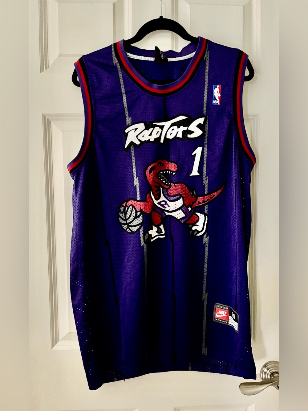 Men’s Vintage Nike Toronto Raptors Tracy McGrady #1 Dino Pinstripe Jersey Purple
